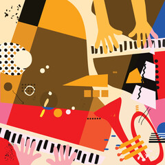 Abstract Music Background, vector illustration. Collage with musical instruments. - 761254121