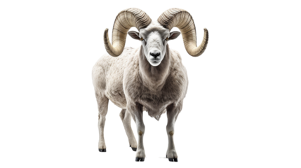 A majestic ram with large horns stands boldly against a white background
