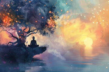 This illustration's ethereal atmosphere and vibrant energy could enhance any space dedicated to yoga, wellness, or personal growth, figure meditating under a vibrant cosmic tree