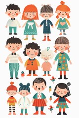 Obraz na płótnie Canvas Variety of cartoon vector children in colorful outfits. A diverse group of cartoon children standing in row wearing various colorful outfits representing different styles and personalities 