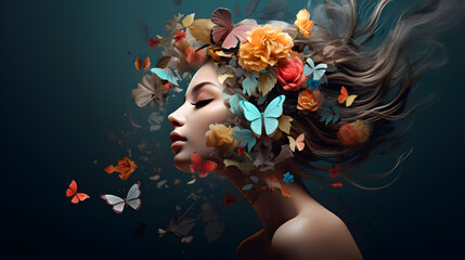 A beautiful woman's head with flowers, leaves and petals flying around her face, in the style of...