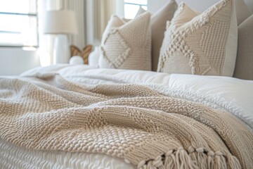 A close-up of a cozy bedroom setting with textured knitted pillows and a warm beige blanket,...