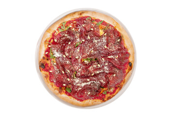 Pizza carpaccio with arugula parmesan cheese. Carpaccio on pizza