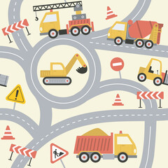 Road construction site in cartoon style.. Cute children's seamless pattern with yellow dump truck, excavator, crane, road, signs © Zubada