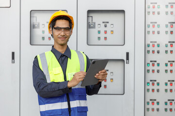 Electrical engineer man using tablet checks switchboard main Distribution Boards control panel...