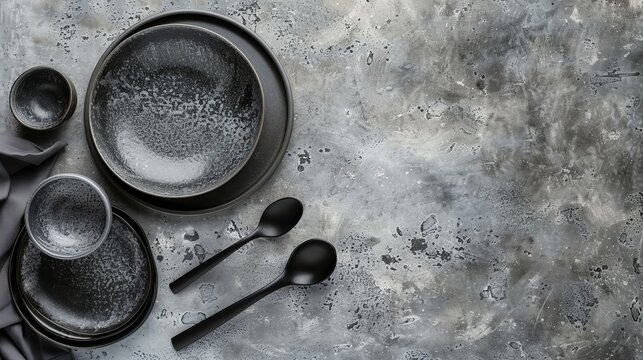 Top view grey ceramic tableware on the same color concrete background --ar 16:9 Job ID: 30c179dc-304d-4cd0-9f4d-e6871f9cbc9d