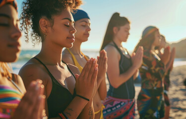 Group of young women doing yoga on the beach at sunrise, their eyes closed and hands in a prayer pose