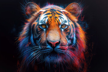 head of multicolored tiger on black isolated background. Drawing for colored tattoo with an animal