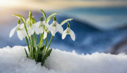 Nature's Reawakening: White Snowdrops Emergent in the Crisp Snowscape of Spring's Dawn