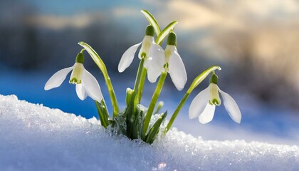 Nature's Reawakening: White Snowdrops Emergent in the Crisp Snowscape of Spring's Dawn