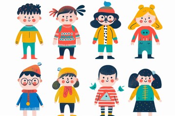 Variety of cartoon vector children in colorful outfits. A diverse group of cartoon children standing in row wearing various colorful outfits representing different styles and personalities 