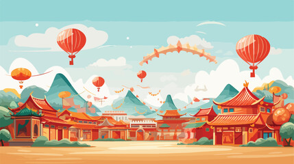 Weifang kite festival in China. Vector cartoon lands