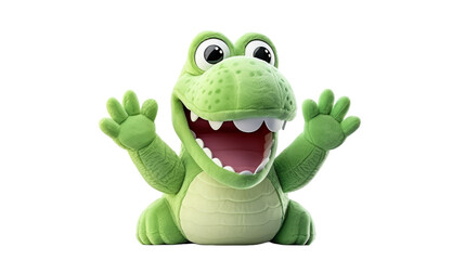 A vibrant green stuffed animal with a wide smile, radiating joy and cheer