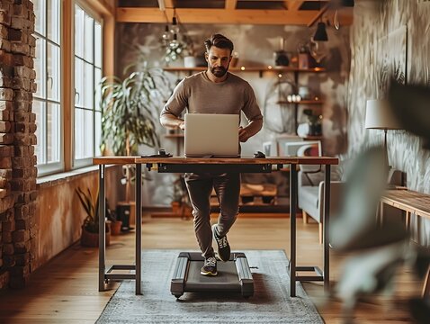 focused businessman working diligently at his desk, utilizing a treadmill-integrated workstation to stay active - Powered by Adobe