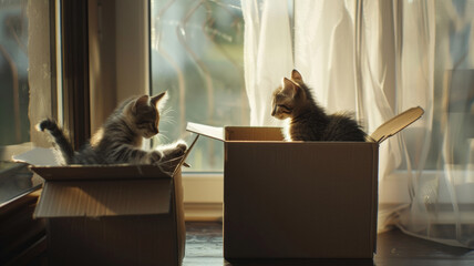 Two playful kittens in a cardboard box by a sunlit window, one peeking over the edge.