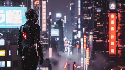 uturistic robot exploring a neon-lit cityscape