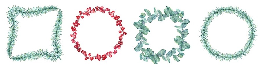 Watercolor winter frames set. Hand-drawn conifer, eucalyptus leaves and alex berries branches with pink calla flower. Christmas Manual set, traditional technique. Isolated illustrations on transparent