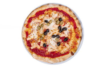 Delicious hot pizza with salmon, olives, tomatoes and spices on wooden table