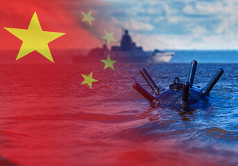 Underwater bomb with flag of China. Sea mine floats in water. Civilian ship near bomb. Mining of...