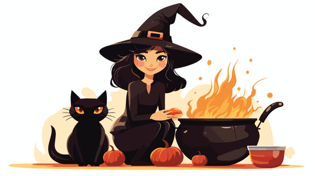 Witch next to cauldron with crazy cat halloween flat