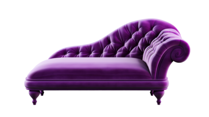 A luxurious purple couch stands out against a pristine white floor