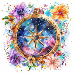 Fototapeta na wymiar Colorful compass with flower surround watercolor on white background