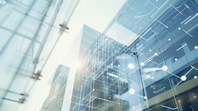 A digital network overlays an urban building, symbolizing connectivity and data flow.