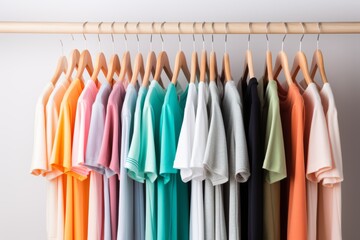 Minimalist t-shirts in pastel colors hanging on hangers, fresh and stylish clothing concept