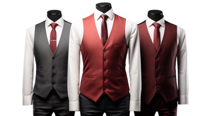 Three mens vests and ties beautifully displayed on mannequins in a fashion store