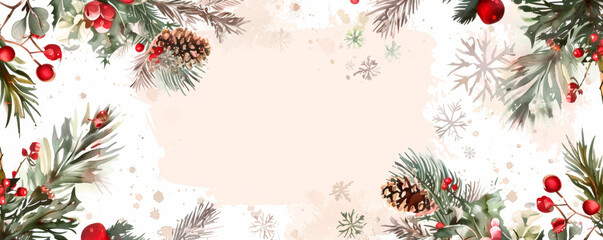 Fototapeta na wymiar Lush pine cones and vibrant berries adorn a Christmas themed backdrop, creating a festive and magical ambiance. Postcard. Holiday frame. Banner. Copy space