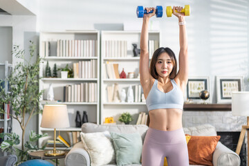 Portrait of sport slim fit strength asian woman training in sportswear relax and practicing yoga, fitness, exercise, wellness, workout, sport at home.Diet concept.Fitness and healthy lifestyle - obrazy, fototapety, plakaty
