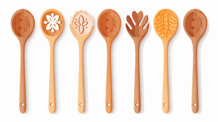 Wooden carved spoons lie on the fair counter .. flat - obrazy, fototapety, plakaty