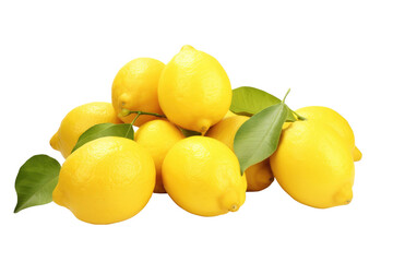 Pile of Lemons With Leaves on White Background. On a White or Clear Surface PNG Transparent Background.