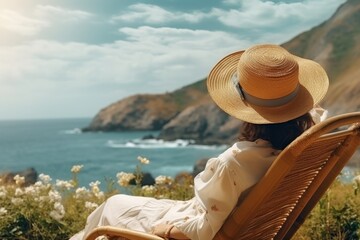 Summer day woman relaxing near the sea on the beach of an open air resort hotel. Tourism, summer vacation concept