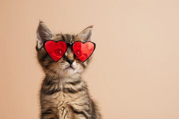 Little kitten with red heart-shaped glasses isolated on beige background with space for text or...