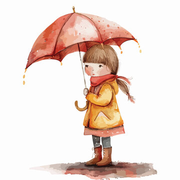 Little Girl with Umbrella Watercolor Clipart
