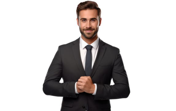 Man in a Suit and Tie Posing for a Picture. On a White or Clear Surface PNG Transparent Background.