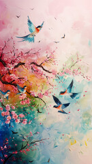 Obraz na płótnie Canvas Stories template or phone background with stunning painting of birds with pink and aqua wings flying over a cherry blossom tree. The watercolor paint creates a beautiful pattern in this art piece