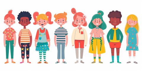 Variety of cartoon vector children in colorful outfits. A diverse group of cartoon children standing in row wearing various colorful outfits representing different styles and personalities 