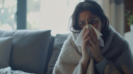 Young woman fighting a cold, sitting wrapped in a blanket with tissues.