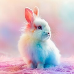 Fototapeta na wymiar Rainbow White Rabbit, Cute Easter Bunny Portrait