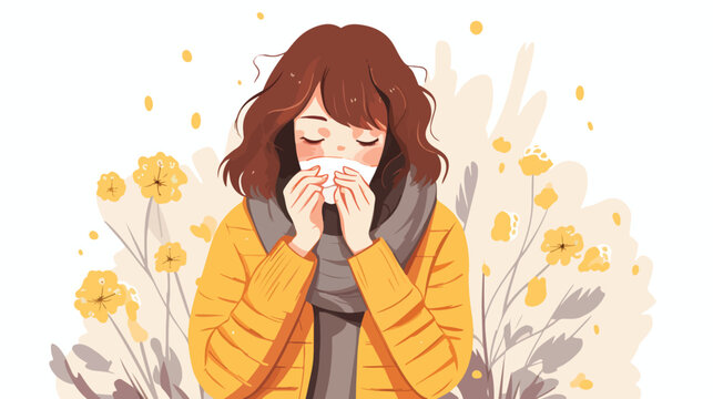 Young woman blowing her nose hay fever flat vector i