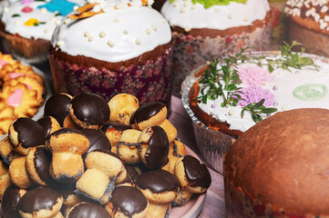 Easter brunch with pastries on the holiday table. Easter bread on the Easter holiday table.