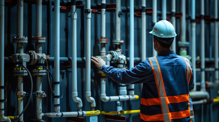 Engineer in hard hat and safety vest inspecting plumbing pipes in a technical control room - obrazy, fototapety, plakaty