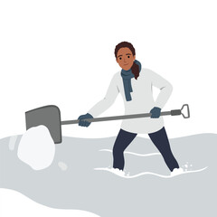 Woman with shovel cleaning and digging out car covered with snow and stuck in it after blizzard. Woman shoveling near auto in snowy storm in winter. Flat vector illustration