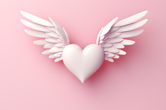 3D heart with wings on pastel pink background. Valentine's Day concept
