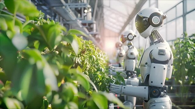 Robots working in industrial greenhouse with fresh natural plants. Concept of growing healthy food, diet, vegetarianism and technology.