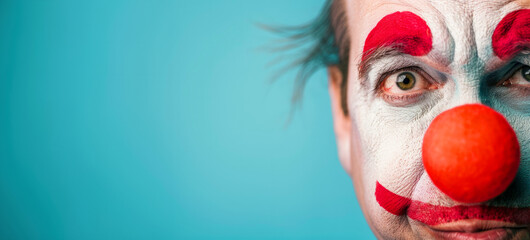 A man with a red nose and red paint on his face. He is looking at the camera with a surprised expression. sportive man hearing a clown nose - obrazy, fototapety, plakaty