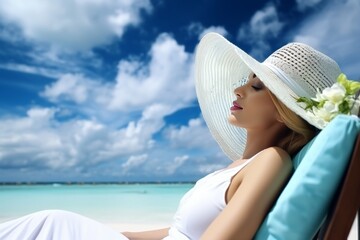 Summer day woman relaxing near the sea on the beach of an open air resort hotel. Tourism, summer vacation concept