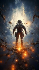 Astronaut Ascending Amidst Cosmic Debris - obrazy, fototapety, plakaty